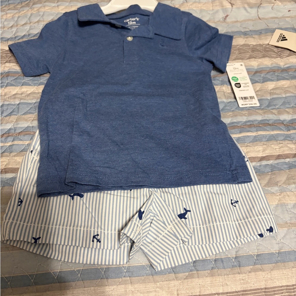 Carter's Blue Polo Top with Navy Anchor Stripe Shorts Set